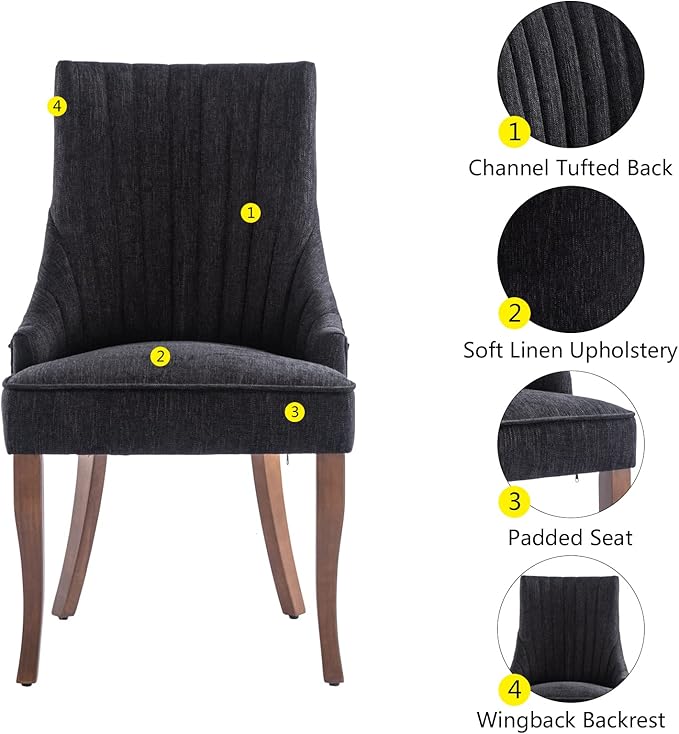 mikibama Linen Dining Chairs Set of 4 Channel Tufted Kitchen Dinner Chair Comfy Fabric Upholstered Accent Chair for Dining Room with Solid Wood Legs (Black 4pc)
