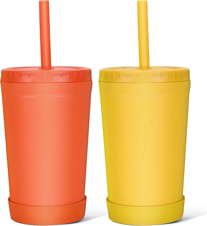 Homestockplus Wheat Straw Cups with Lids and Silicone Straws, 10 Oz Chip Resistant Dishwasher/Microwave Safe, Toddler Cups Built In Straw Stoppers, Smoothies Cup +Straw Cleaner