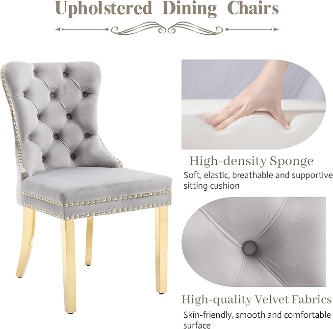 KCC Velvet Dining Chairs Set of 4, Upholstered High-end Tufted Dining Chair with Nailhead Back Ring Pull Trim Stainless Steel Legs, Contemporary Nikki Collection Modern Style for Kitchen, Light Gray