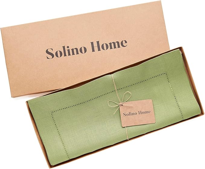 Solino Home Linen Moss Green Table Runner 60 Inches - 100% Pure Linen Small Table Runner 14 x 60 Inch for Dresser and Coffee Tables - Classic Hemstitch - Winter, Spring, Easter, St Patricks Day