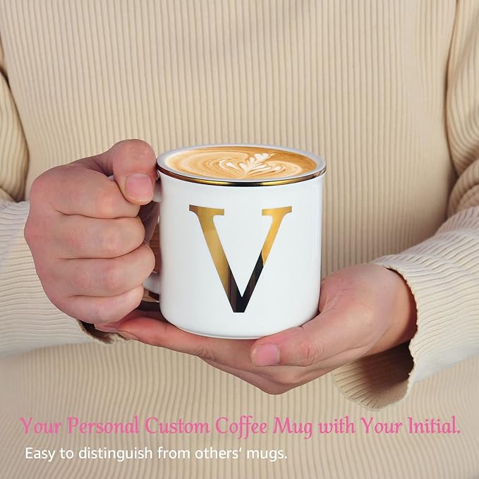 Miicol Ceramic Coffee Mug 16 oz, Monogram Coffee Cup, Golden Initial Tea Mug, Personalized Tea Cup, Unique Gift, Large Mug for Home, Office, Letter V