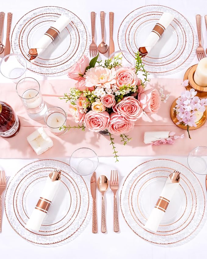 Ciaell 350PCS Rose Gold Plastic Plates - Clear Rose Gold Disposable Plates with Plastic Silverware include 100Plates, 150Silverware, 50Cups, 50Napkins for Wedding & Party & Valentine's Day