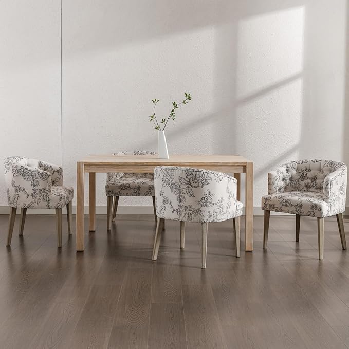 Mid-Century Dining Chairs Set of 2, Tufted Upholstered Linen Dining Room Chairs Comfy Side Chair Armchair Guest Chair with Wooden Legs for Dining Room Living Room, Floral Pattern