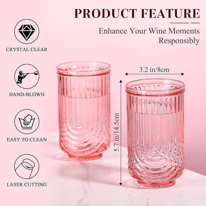 Pink Vintage Drinking Glasses Set of 6-17oz Hand-Blown Highball Ribbed Glassware - Image 3