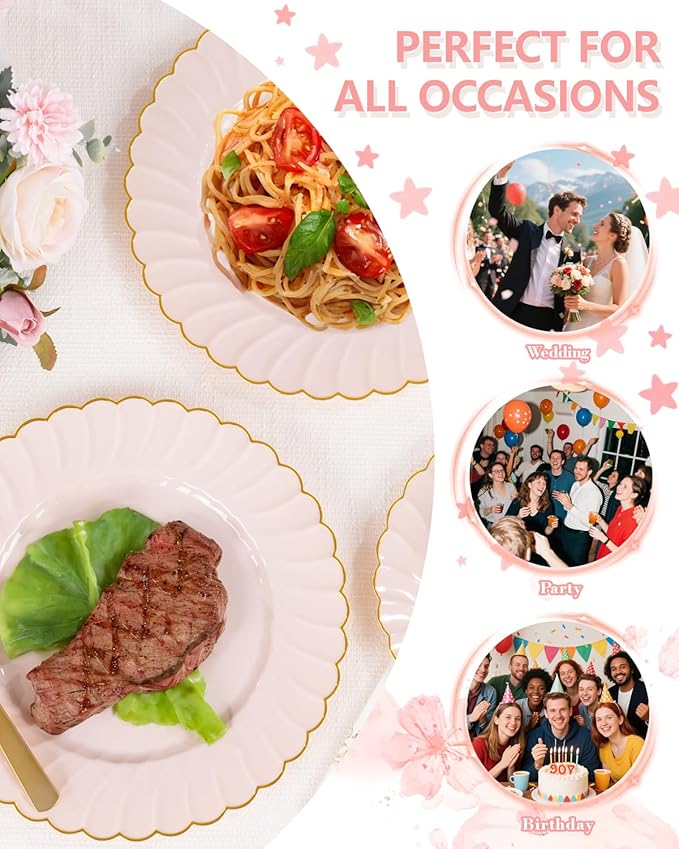 YOUBET 175PCS Pink Scalloped Plastic Plates - Gold Disposable Dinnerware Set Include 50 Plates, 75 Gold Silverware, 25 Cups, 25 Napkins for Party & Wedding & Baby Shower Valentines Day