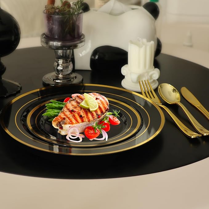 200 PCS Black and Gold Plastic Plates, Party Black Disposable Plates Include 100 10 inch Dinner Plate and 100 7 inch Dessert Plate,black gold rim plates Perfect for Party & Wedding