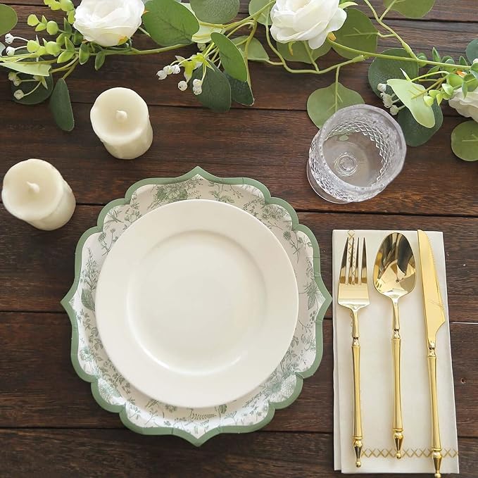 50 Pack 10" Sage Green Dinner Plates in French Toile Floral Pattern, Disposable Round Paper Party Plates 300 GSM for Festive Table Decoration