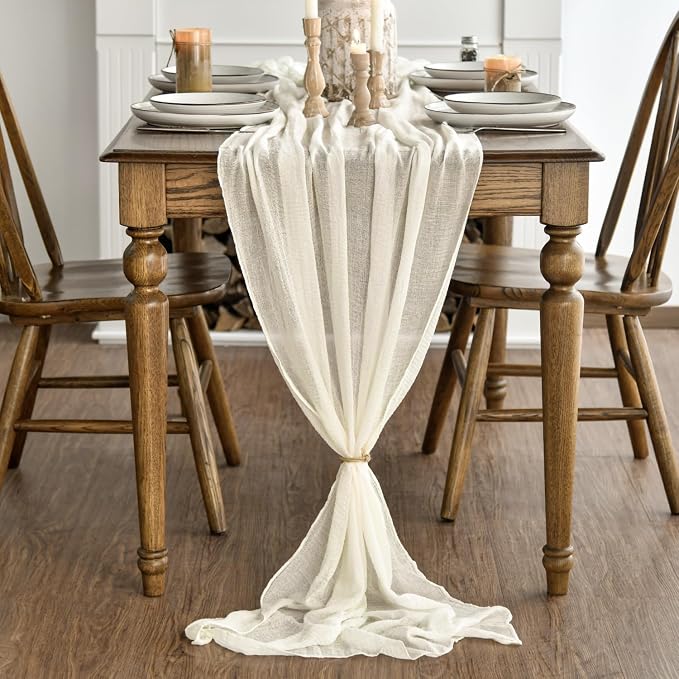 Artoid Mode Boho Cheesecloth Gauze Beige Wedding Table Runner, 120 Inch - Image 2