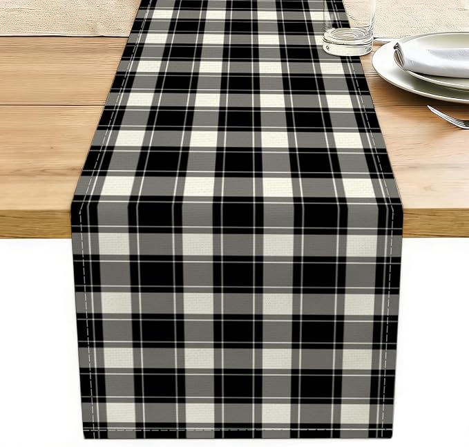 Black and White Gingham Table Runner, Buffalo Plaid Check Table Cloth Decor | by Unknown