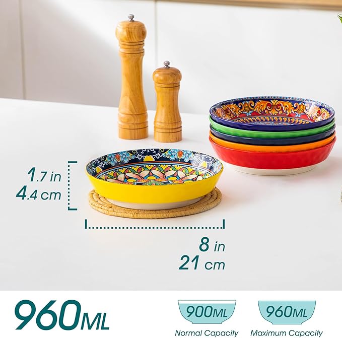 vancasso 32 Oz Pasta Bowls, Porcelain Large Colorful Salad Soup Bowls Set of 6, Dishwasher & Microwave Safe, Pasta Serving Bowls Plates for Kitchen, Dishwasher & Microwave Safe, Series KRVI