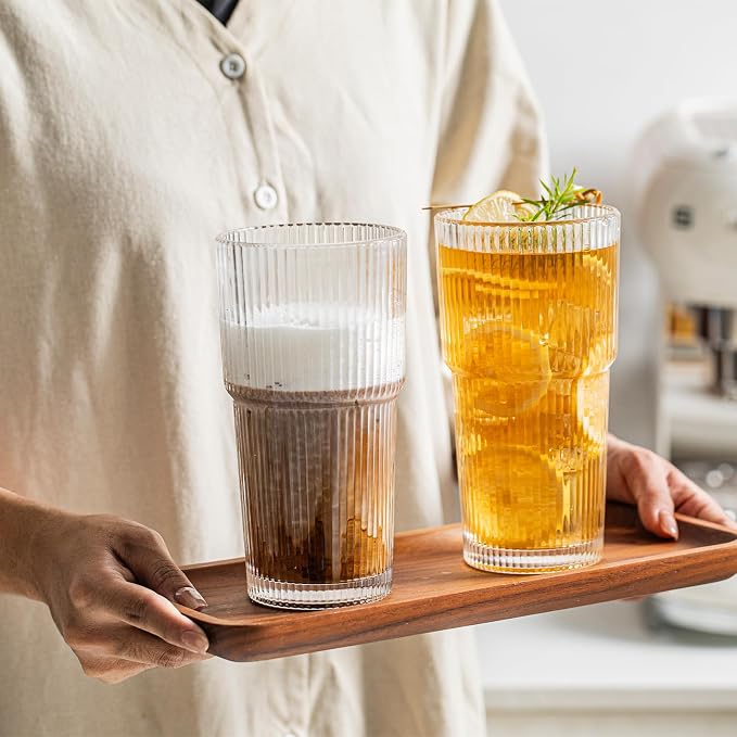 INSETLAN 20oz Ribbed Glass Tumbler, Iced Coffee Cups - Image 5