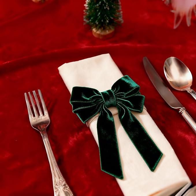 Bow Napkin Rings for Christmas, Wedding, Party, Holiday Table Decor (Dark Green, 6 pcs)