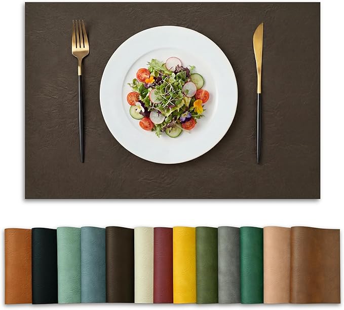 Artoid Mode Coffee Faux Leather Placemats Set of 4, 12x18 Inch Waterproof Wipeable Heat Resistant Vinyl Place Mats, Reversible Table Mats for Kitchen Dining Decor