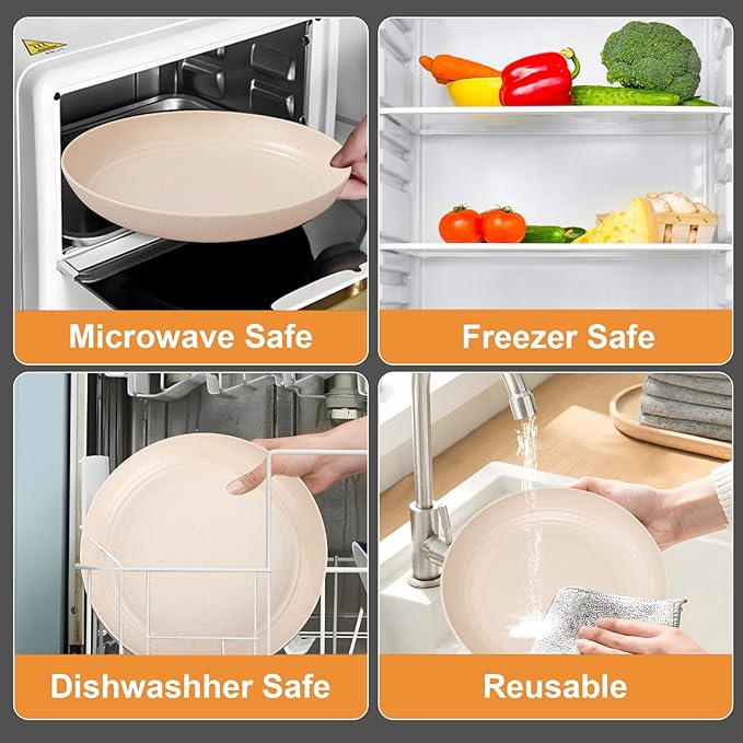 LIYH 24 Pcs Beige Plastic Wheat Straw Dinnerware Sets - Reusable Unbreakable Wheat Straw Bowls & Plates Dinner Set, Dishwasher Safe Plates Bowls Cups for Party Dish Set for 6 Kitchen & Camping