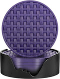 Purple Silicone Coasters with Holder, 4 Inches Non-Slip Decorative Cup Mats for Drinks, Heat Resistant & Waterproof Round Coaster Set of 6 for Home, Office, Kitchen, Bar Table