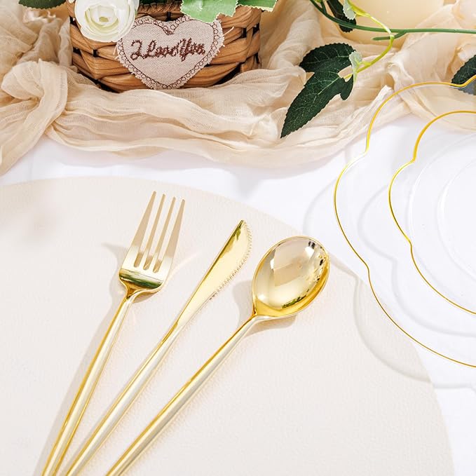 EI 180pcs Clear and Gold Plastic Plates with Plastic Silverware,Dinnerware Plate Set for Party,Disposable Plates Heavy Duty Clear Gold Cups for Wedding,Birthday,Spring Afternoon Tea
