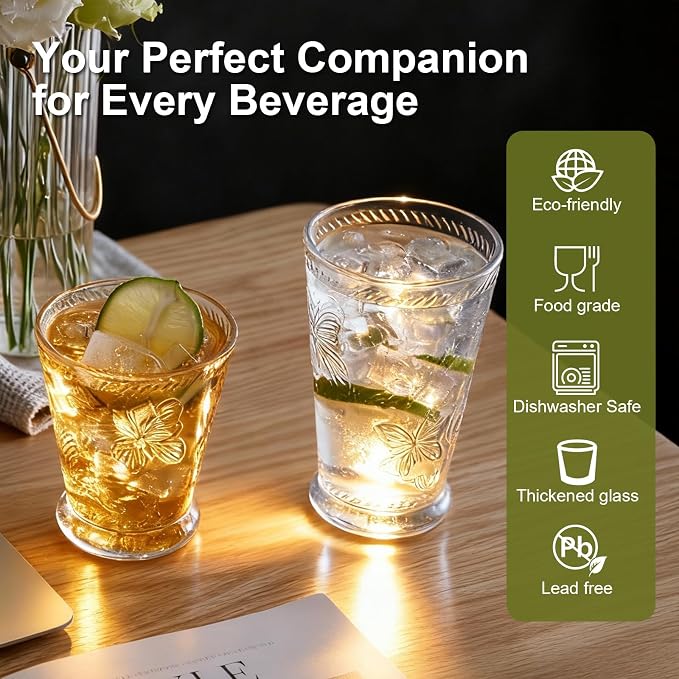 4 Pack Embossed Vintage Mixed Drinking Glasses, 12 Oz & 9 Oz Glasses | Embossed - Image 4