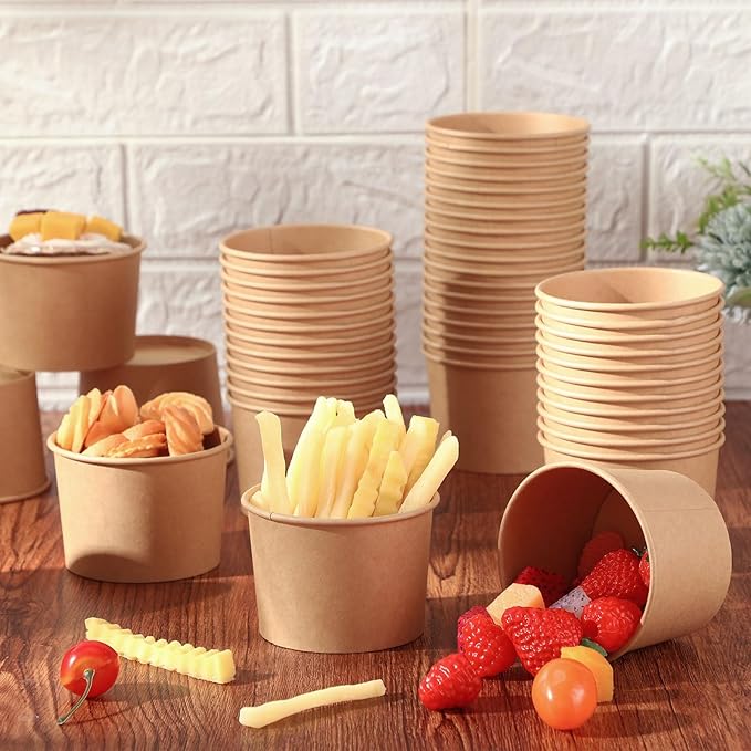 Honeydak 50 Pieces Ice Cream Soup Cups Paper Disposable Sundae Bowls Kraft Paper Hot Cold Snack Yogurt Dessert Small Cups for Ice Cream Baby Shower Party Supplies, Brown Disposable Bowls(8 Oz)
