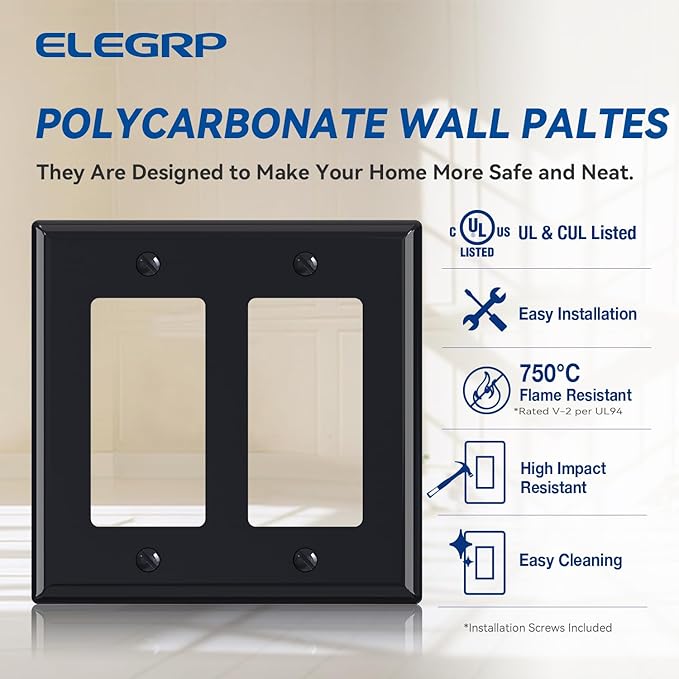 ELEGRP 2-Gang Decorative Wall Plates, Standard Size 4.53" H x 4.57" L Unbreakable Thermoplastic Faceplate Cover for Decorator Receptacle Outlet Switch, UL Listed (2 Pack, Glossy Black)