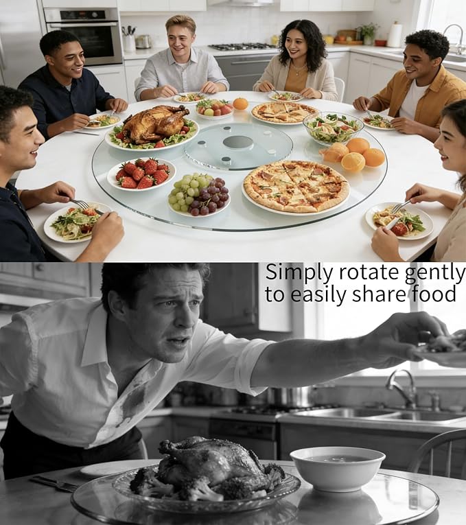 32" Glass Lazy Susan for Dining Table, Glass Turntable Table Centerpiece with 6 Rotating Wheels, 360° Smooth and Silent Spin Tabletop Rotating Tray, for Family Gatherings, Banquets, Weddings, 82 cm
