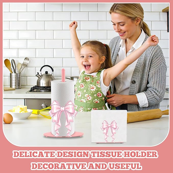 Pink Bow Paper Towel Holder, Pink Countertop Kitchen Decor Indoor with Round Base, Bows Lover Gifts, Iron Bow Napkin Holder Stand Accessories for Bathroom Kitchen Dining, 2 PCS