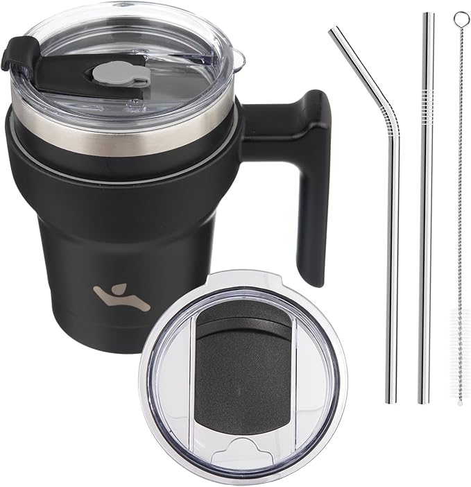Konokyo 10 oz Tumbler with Handle and Straw, Insulated Travel Mug | Black; by Konokyo
