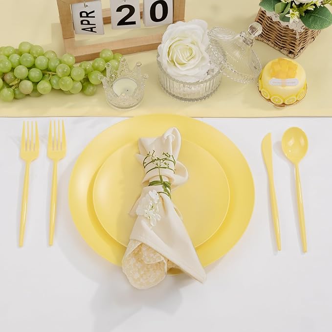 EI 150pcs Yellow Plastic Plates,Heavy Duty Bright Disposable Plate,Fancy Plastic Plates for Party,Yellow Dishes for Wedding,Easter,Afternoon Tea Party,Spring