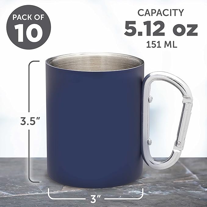 DISCOUNT PROMOS Stainless Steel Mugs with Carabiner Handle 10 oz. Set of 10, Bulk Pack - Perfect for Coffee, Soda, Other Hot & Cold Beverages - Navy Blue