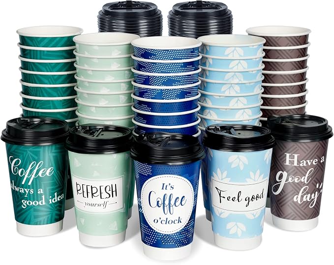 Disposable Coffee Cups with Lids 16 oz, 50 Pack Double-Walled Fun Designs by Bapmnicc