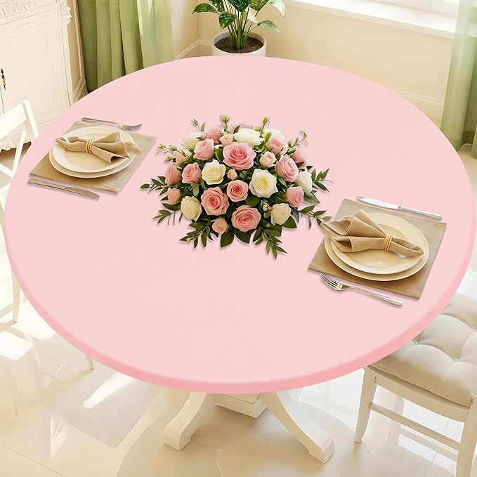Round Spandex Valentines Day Tablecloth, Elastic Fitted Waterproof Tablecloths for 31"-35" Tables, Stretch Washable Picnic Table Cover for Camping, Dining, Indoor and Outdoor, Pink
