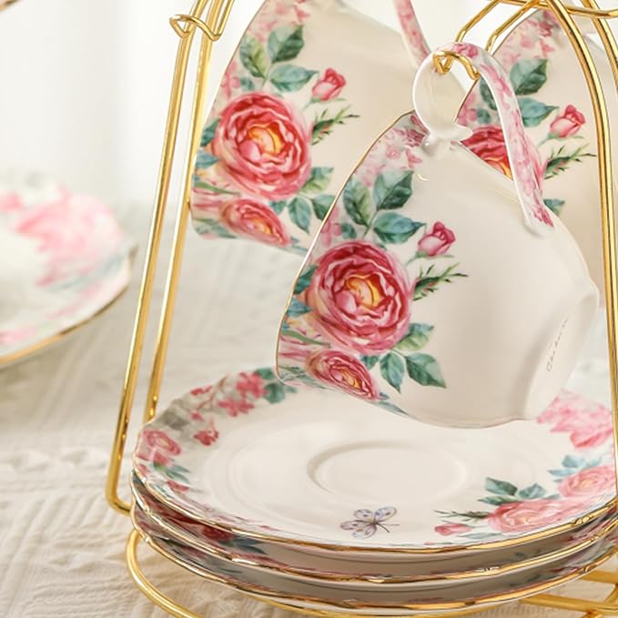 15 Piece British Bone China Tea Cup Sets, Elegant red Rose Pattern, Cups and - Image 6