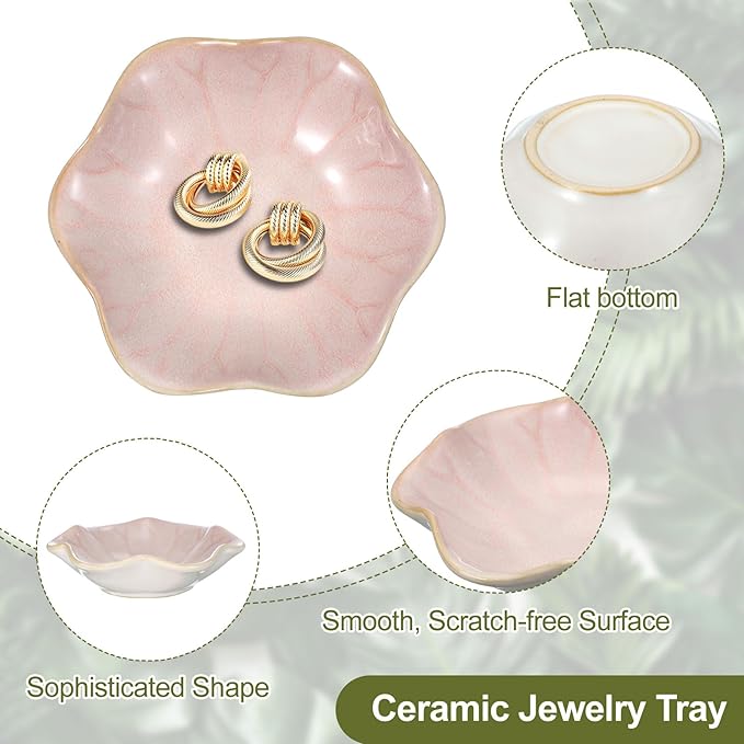 uxcell 1Pcs Ceramics Jewelry Plate, Lotus Leaf Shape Key Holder Bowl for Entryway Table Decor Small Ring Tray Dish Gift for Women Girlfriend, Pink