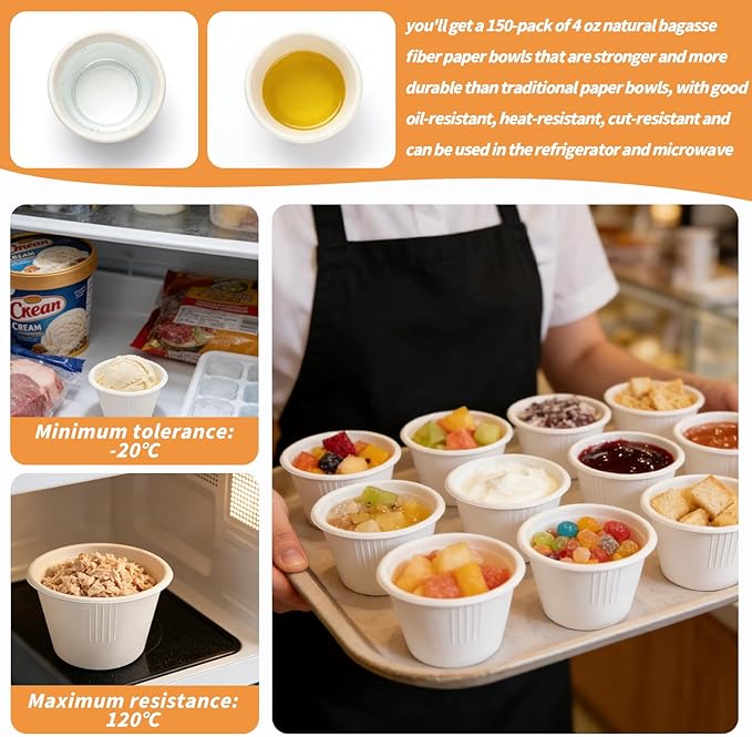 LeonBach 150 Pack 4oz Natural Bagasse Fiber Sauce Cups, Compostable Small Disposable Paper Dipping Bowls Biodegradable Condiment Portion Sample Snack Charcuterie Serving Tasting Cups, White