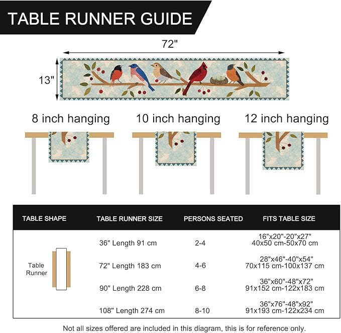 Seliem Spring Summer Birds Blue Table Runner, Cardinal Chickadee Bluebird | - Image 2