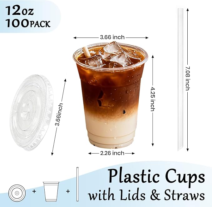12oz Clear Plastic Cups with Lids and Straws 100 Pack | Leak-Proof Disposable - Image 2