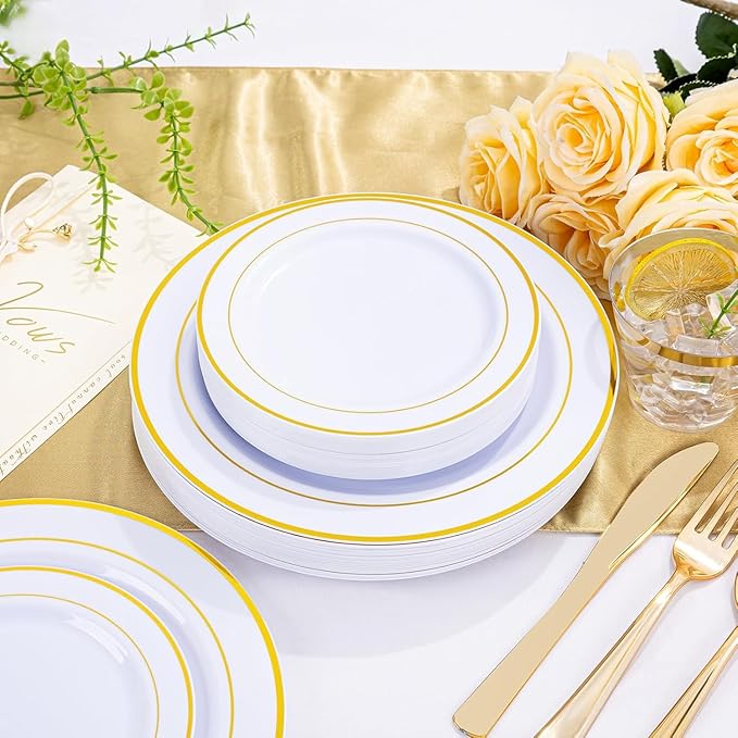 WELLIFE Gold Disposable Dinnerware Set for 100 Guests - 600PC BPA-Free Plastic Plates & Cutlery Kit with 100 Dinner Plates, Salad Plates, Forks, Knives, Spoons & Cups for Party, Catering (Heavy-Duty)