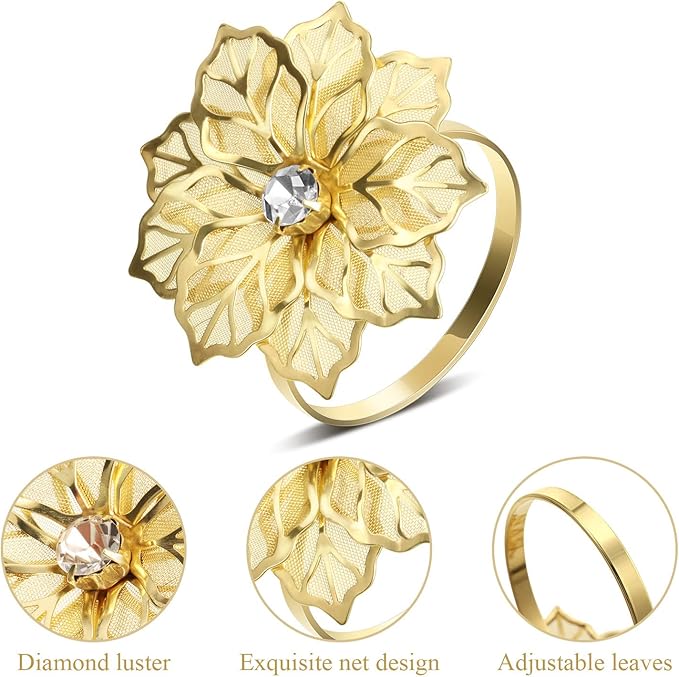 Hotop 50 Pcs Gold Napkin Rings Flower Napkin Holders Buckles Hollow Out Rhinestone Christmas Delicate Serviette Buckles for Thanksgiving Party Gathering Dinner Wedding Banquet Holiday Table Decor