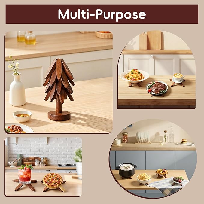 Wooden Trivets for Hot Dishes, Wooden Tree Trivet Set, Natural Tree Trivet Set - Foldable Coasters for Kitchen Counter, Hot Pots and Pans, Heat Resistant Table Protectors