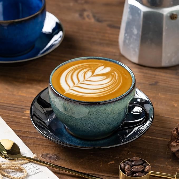 Porcelain Coffee Cup with Saucer Spoon, Vintage Design Ceramic Latte Art - Image 6