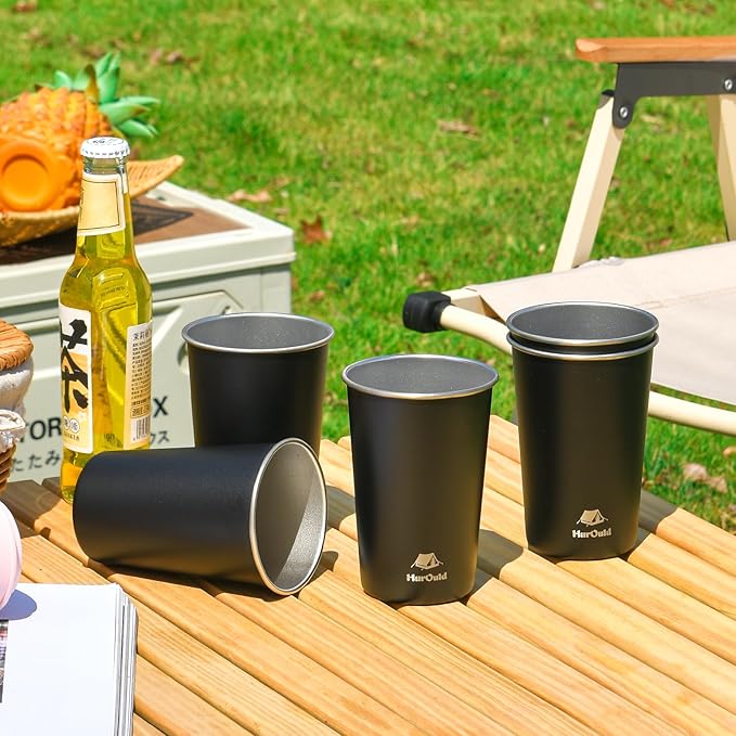4 Pack Stainless Steel Cups 16oz -Black Stackable Metal Drinking Glasses for Camping, Travel, Shatterproof Tumblers