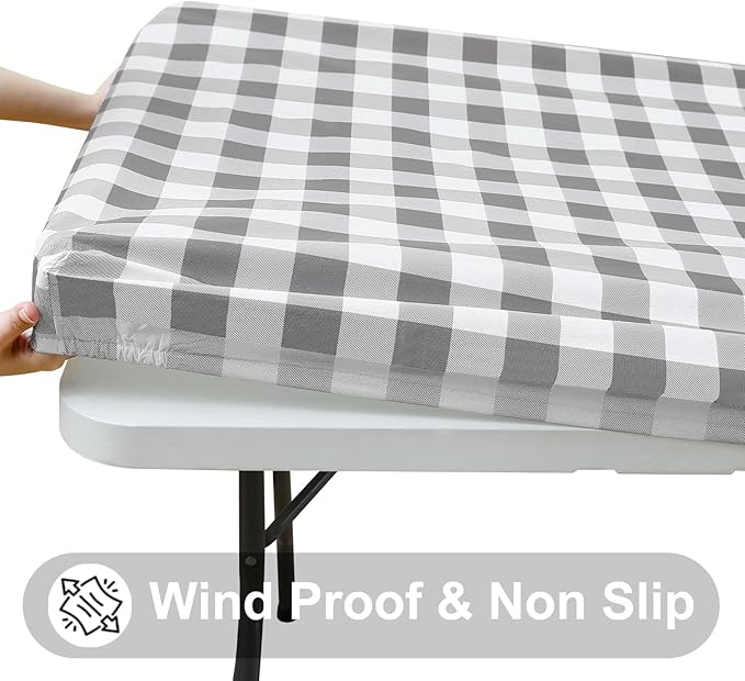 Smiry Rectangle Picnic Table Cloth, Elastic Waterproof Fitted Vinyl Tablecloths, Flannel Backed Buffalo Plaid Table Covers for Dining, Camping, Outdoor (White and Grey, 30" x 72")