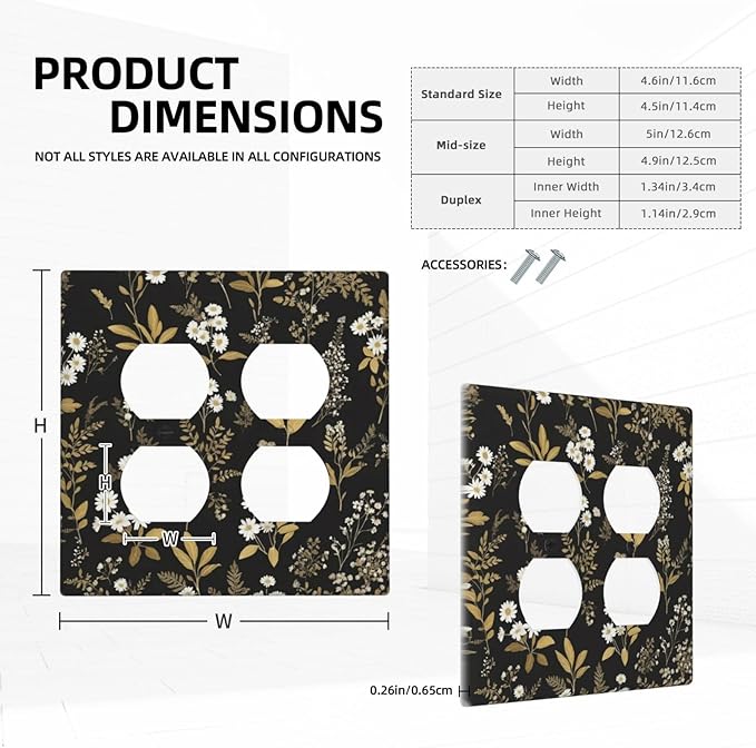 Light Switch Cover Black/Gold Boho Botanical Floral Rustic Flowers 2 Gang Decorative SwitchPlates Double Duplex Wall Plates Switch Plates and Outlet Covers for Bathroom Kitchen Decor