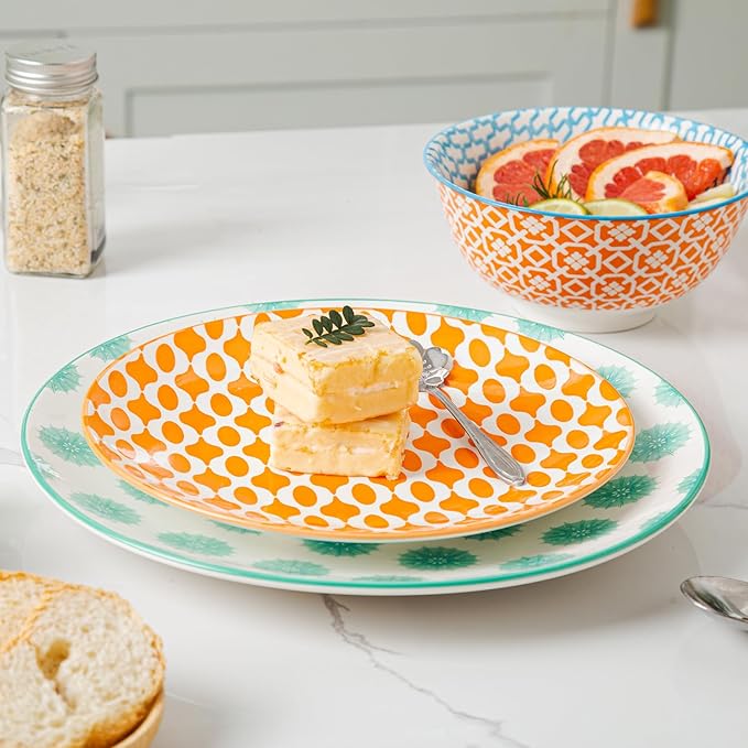 Ceramic Salad Plates Set - 8.5 Inch Round Porcelain Dinner Dishes for Dessert Pasta Appetizer Sandwich - Scratch Resistant, Microwave Dishwasher Safe - Set of 6 - Assorted Colors