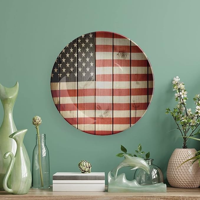 Ceramic Display Plate, American Flag Decor Ceramic Hanging Decorative Plate, USA Flag Over Vertical Striped Wooden Board, 10 Inch, Living Room Kitchen Decoration Household, Blue Red