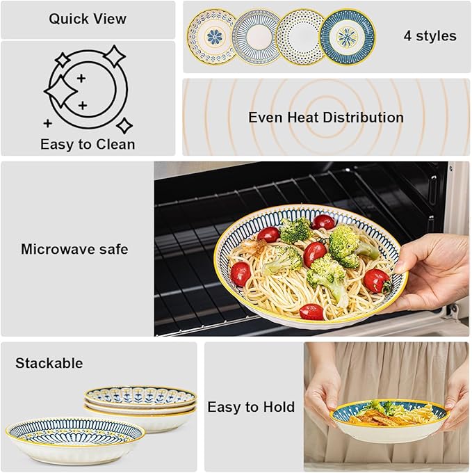Yeacccng Pasta Bowls Set of 4, 24 Oz Ceramic Salad Bowls, 8 Inch Shallow Serving Bowls for Pasta, Salad, Oatmeal, Fruit, Easy to Clean, Dishwasher & Microwave Safe, Scratch-Resistant, Lead-Free