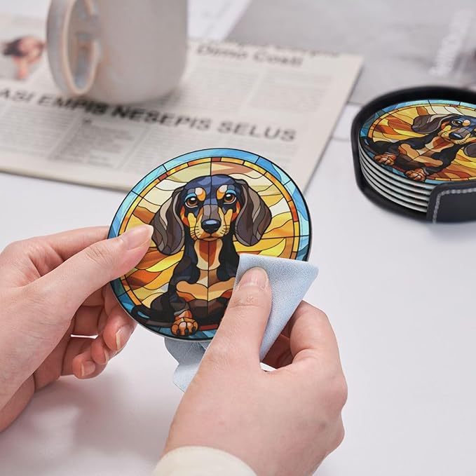 Drink Coaster Set of 6, Dachshund Dog Mom Lover Gift,Leather Drink Coasters with Holder,6 Pack Cup/Bar/Drink Coasters for Table/Drinks/Coffee Protection Housewarming Gift