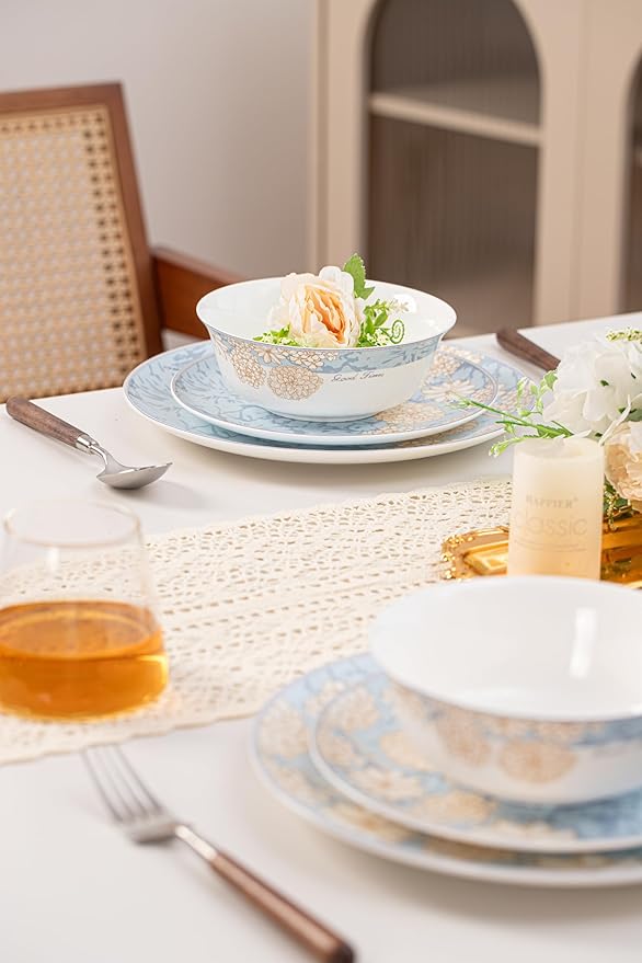 High Bone China Dinnerware Set, 12-Piece Artistic Blue Plates and Bowls, Lightweight & Chip Resistant Ceramic Service for 4, Dishwasher Safe Elegant Kitchen Dining