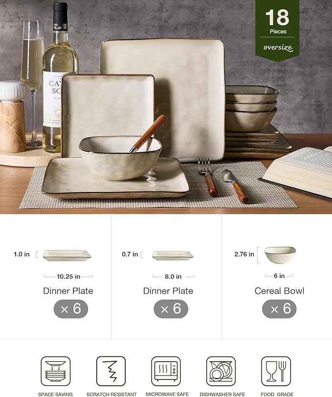 Famiware Dinnerware Sets for 6, Ocean Square 18-Piece Kitchen Plates and Bowls Sets, Microwave and Dishwasher Safe, Scratch Resistant, Light khaki