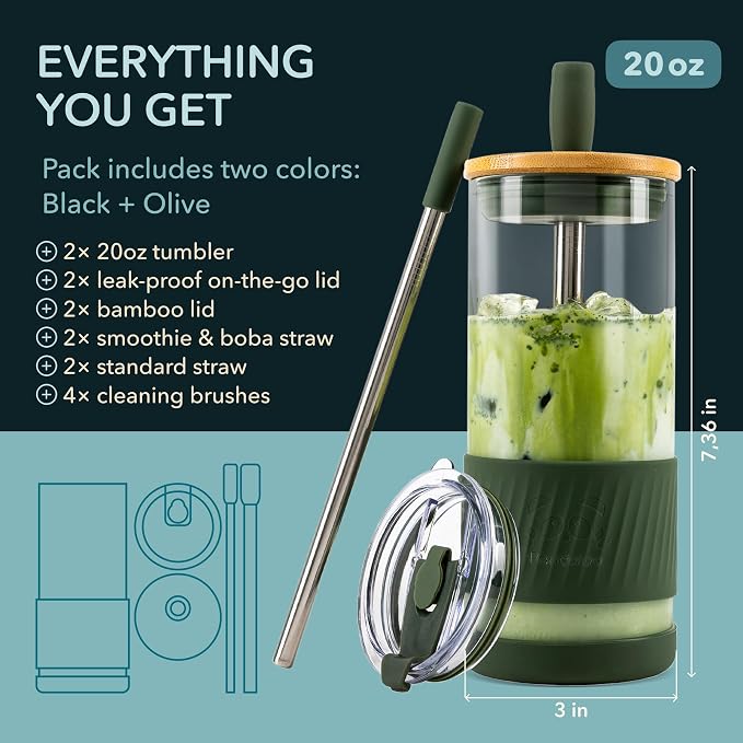 Pandaloo® Glass Cups With Lids and Straws -20 Fl Oz- Perfect Size Iced Coffee - Image 2