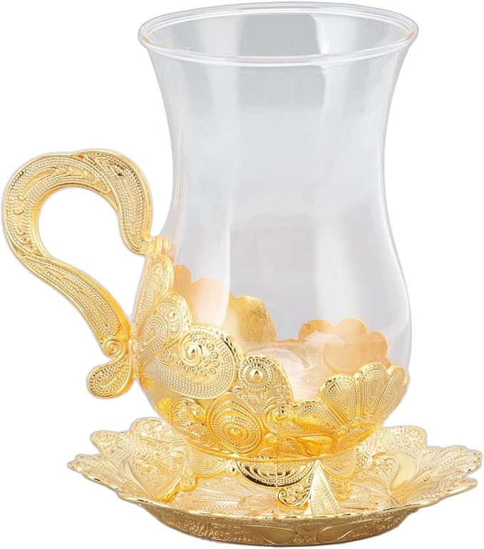 Pilipane Gold Coffee Cup and Saucer Set, Elegant European Carved Glass Teacup by Pilipane